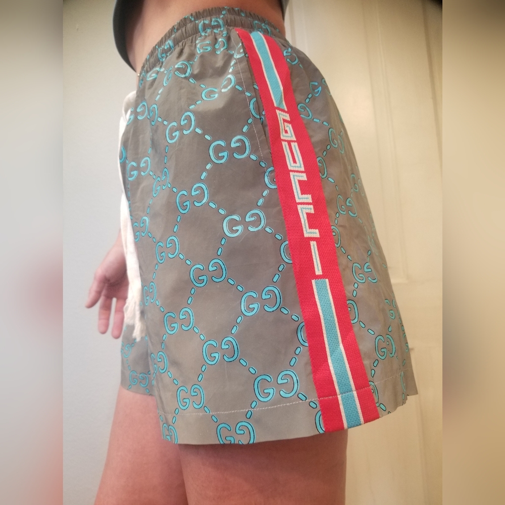Gucci GG Light Reflective Gray and Teal Double Spellout Leg Monogram Swim Short